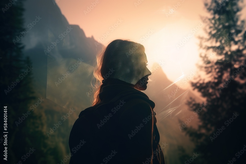  a man standing in front of a mountain with the sun behind him.  generative ai