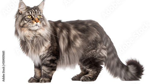 Main coon cat isolated on white transparent background png. Generative AI photo