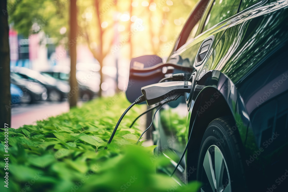 an electric car plugged in to a charger on a city street. generative ai an electric car plugged in to a charger on a city street. generative ai