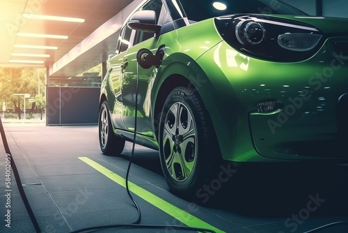  a green car is plugged in to a charging station.  generative ai © Nadia