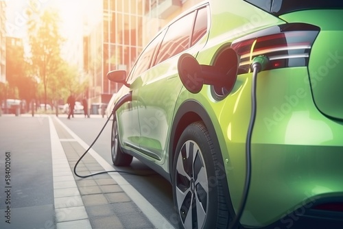  an electric car is charging on the street with a city in the background. generative ai