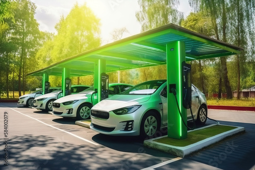 a row of electric cars parked in a parking lot with green lights. generative ai
