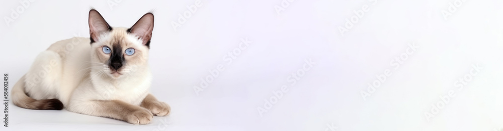 Balinese Cat On White Background. Banner, panorama or website header format.. Generative AI