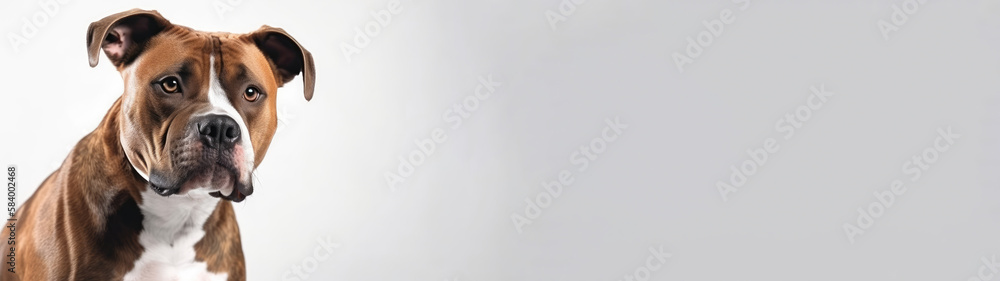 American Staffordshire Terrier Dog On White Background. Banner, panorama or website header format.. Generative AI