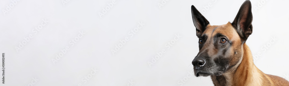Belgian Malinois Dog On White Background. Banner, panorama or website header format. Generative AI
