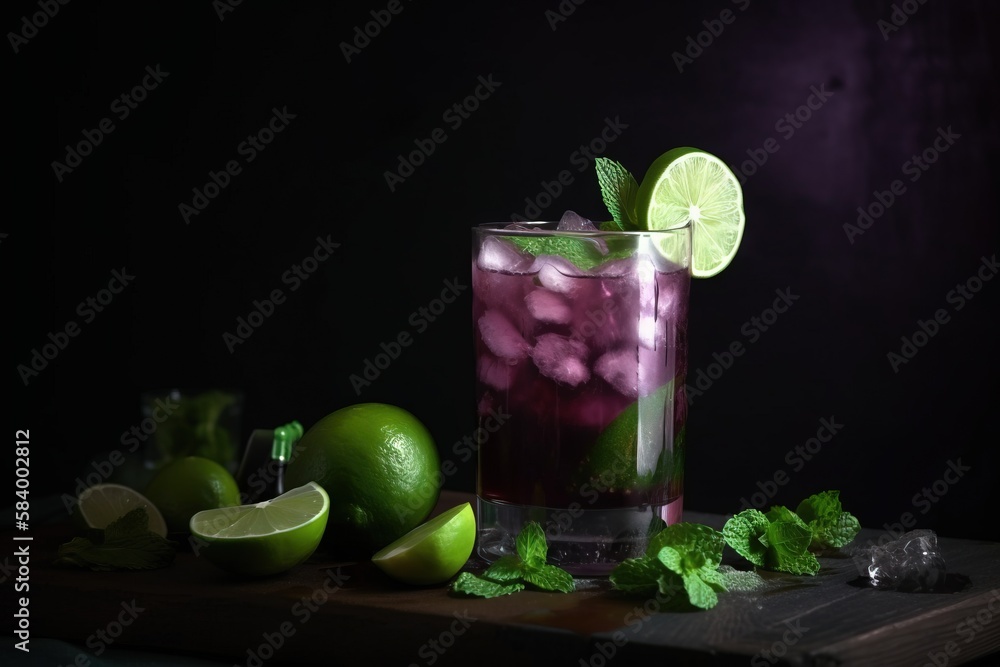 a glass filled with a drink next to limes and limes. generative ai a glass filled with a drink next to limes and limes. generative ai
