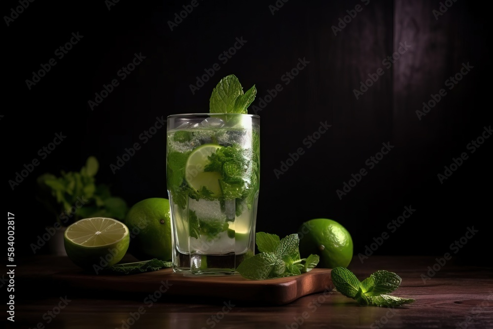 a glass of mojito with limes and mint. generative ai a glass of mojito with limes and mint. generative ai