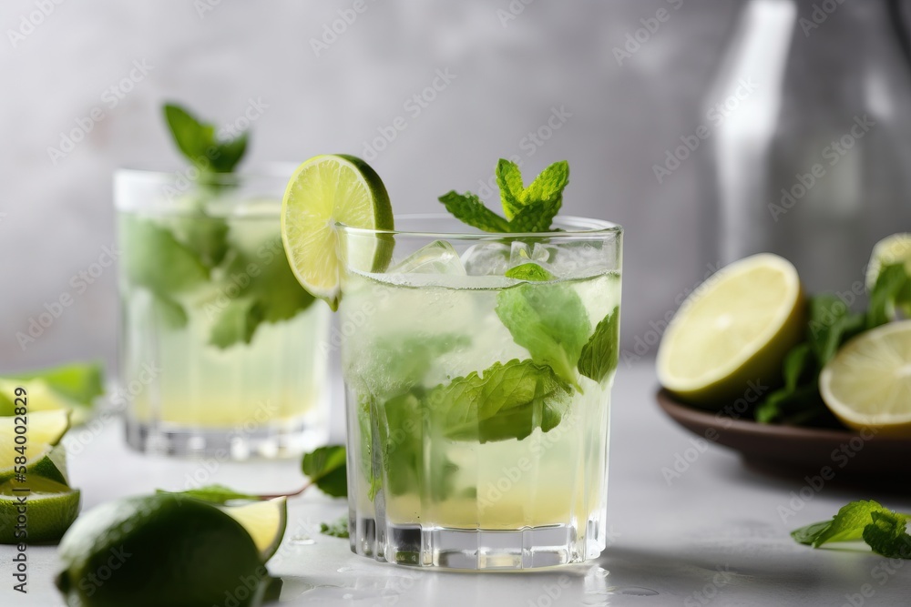 two glasses of lemonade with limes and mints. generative ai two glasses of lemonade with limes and mints. generative ai