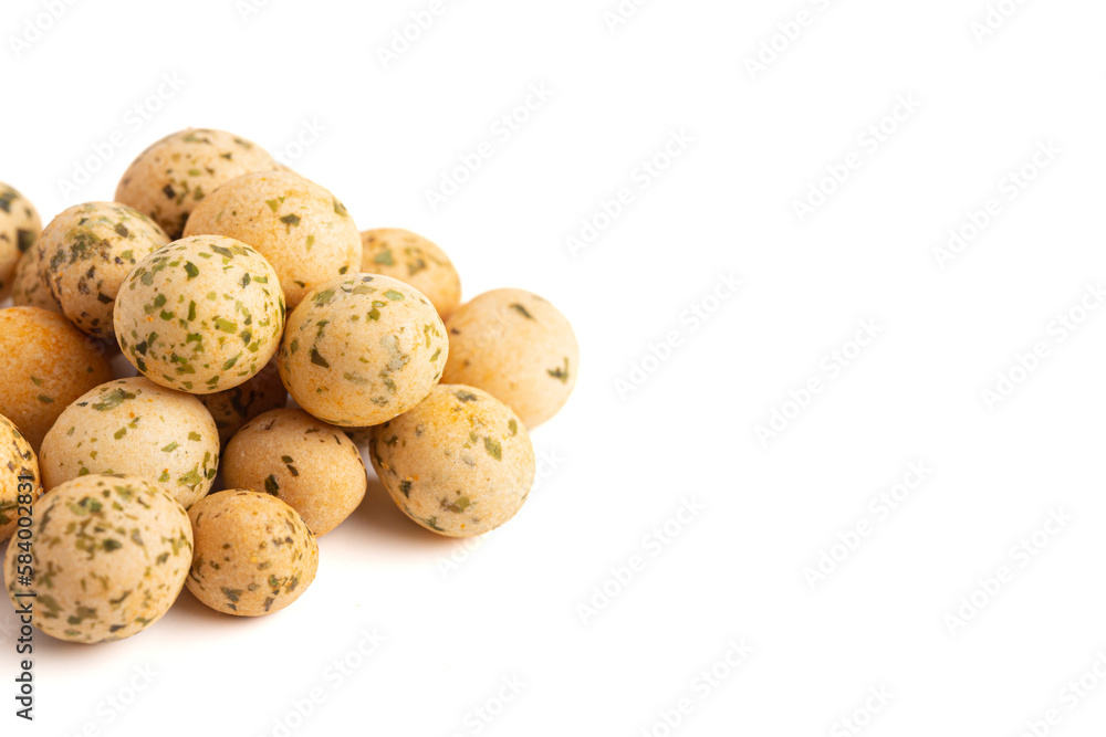 Rice Cracker Ball with Seaweed on a White Background Rice Cracker Ball with Seaweed on a White Background