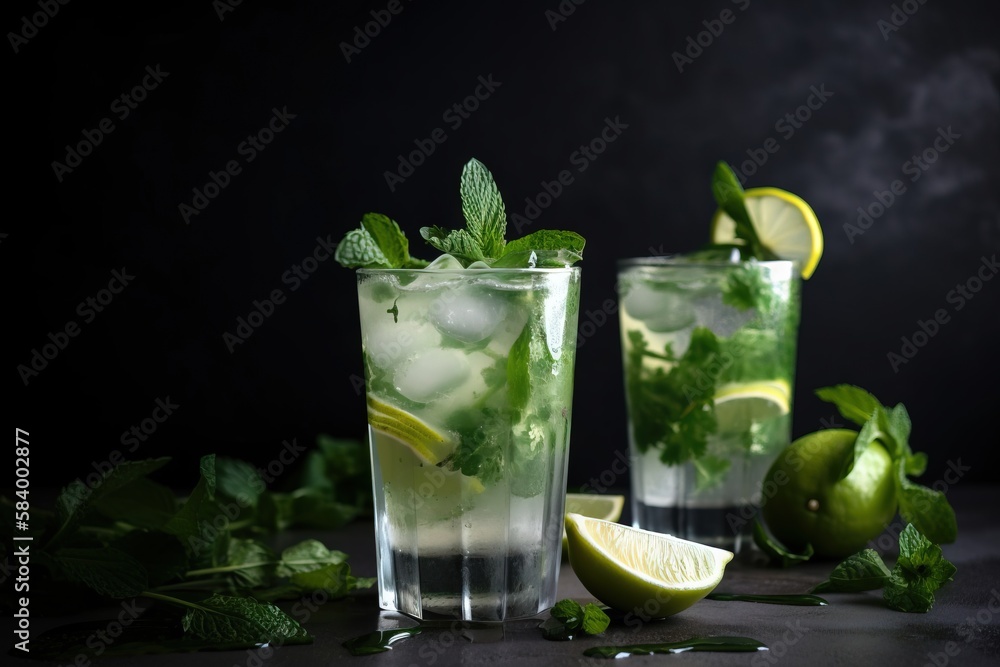 two glasses of mojito with limes and mint. generative ai two glasses of mojito with limes and mint. generative ai