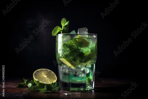  a glass of mojito tea with lime and mint. generative ai