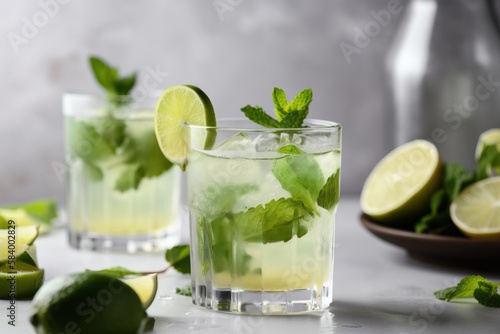  two glasses of lemonade with limes and mints. generative ai