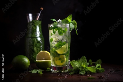  a tall glass of mojito with lime and mint. generative ai