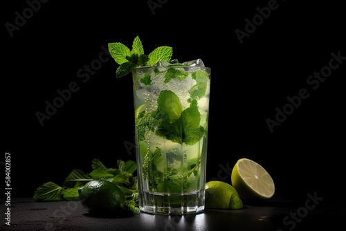  a glass of mojito with limes and mint. generative ai