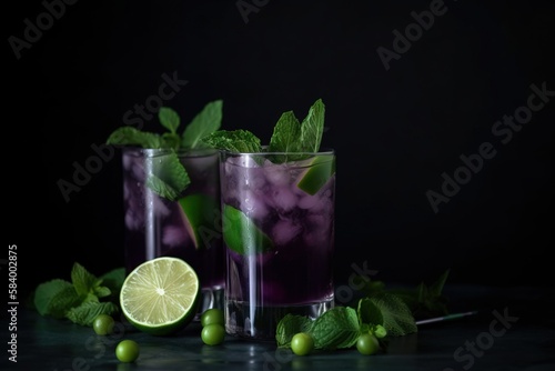  two glasses filled with purple lemonade and mint sprits. generative ai