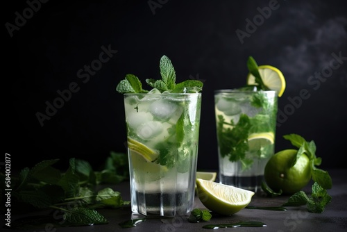  two glasses of mojito with limes and mint. generative ai