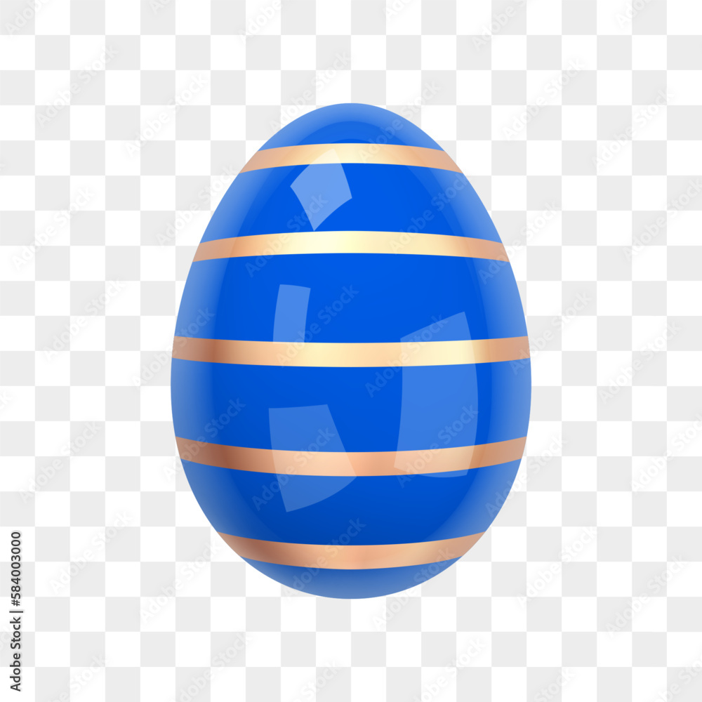 Blue Shiny Easter Egg with Gold Stripes. Image of a glossy blue-gold egg isolated on a transparent background. Realistic eggshell. 3d decoration for easter design. 3D vector illustration Blue Shiny Easter Egg with Gold Stripes. Image of a glossy blue-gold egg isolated on a transparent background. Realistic eggshell. 3d decoration for easter design. 3D vector illustration