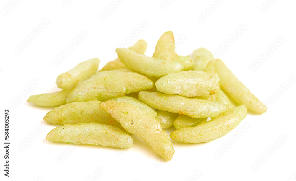 Thin Green Wasabi Rice Crackers on a White Background Thin Green Wasabi Rice Crackers on a White Background