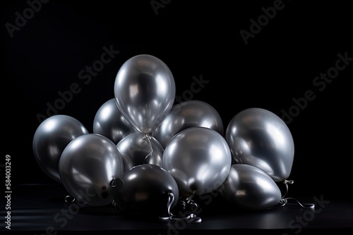 Silver and black balloons on a dark background. For greeting cards or background.