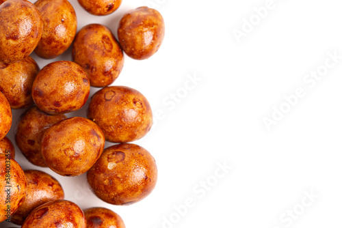 Japaneese Peanuts Coated in Crunchy Rice Cracker and Soy Sauce Isolated on White Background