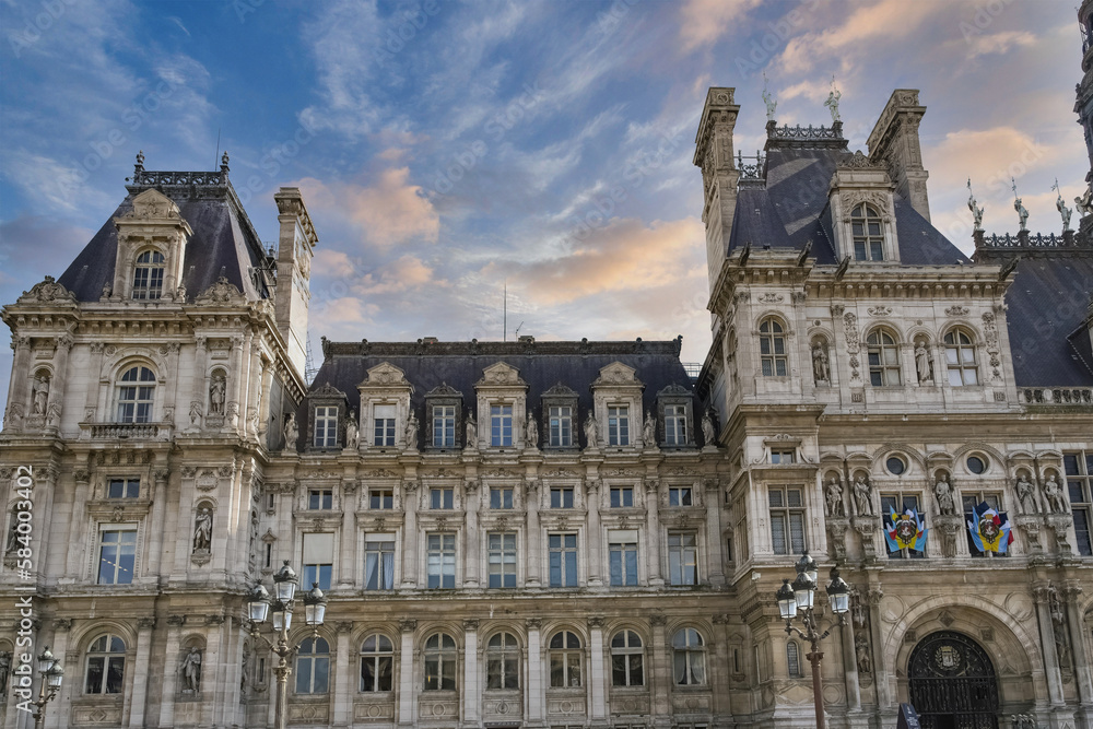 Paris, the facade of the Hotel de Ville, city hall of the french capital
