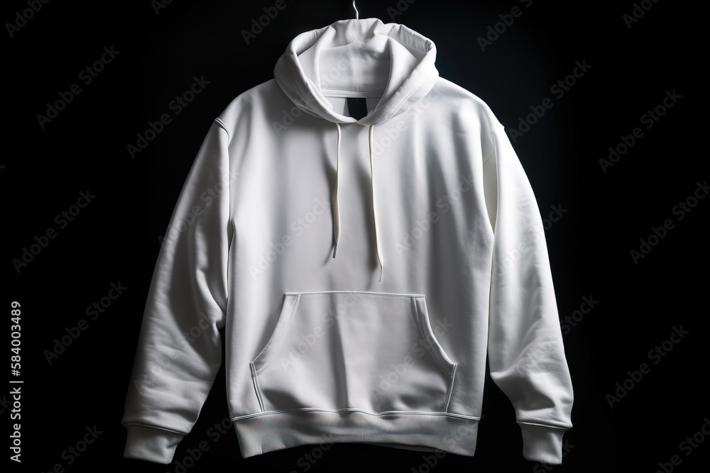 a white hoodie is hanging on a black background with a black background. generative ai a white hoodie is hanging on a black background with a black background. generative ai