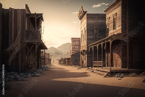 empty street in an old wild west town with wooden buildings, created by a neural network, Generative AI technology photo