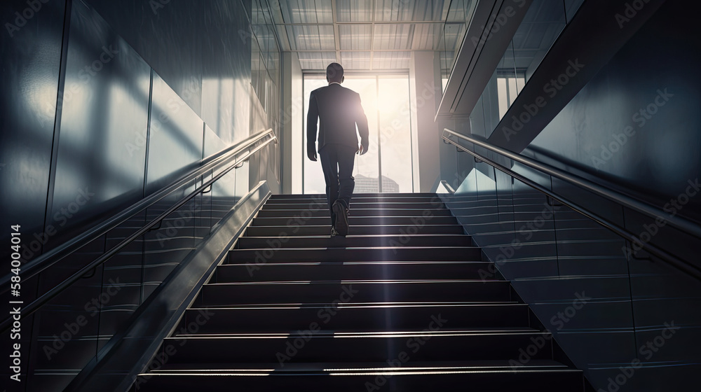 Businessman walking on stairs upstairs towards the light. Growth and business success concept. Generative AI	