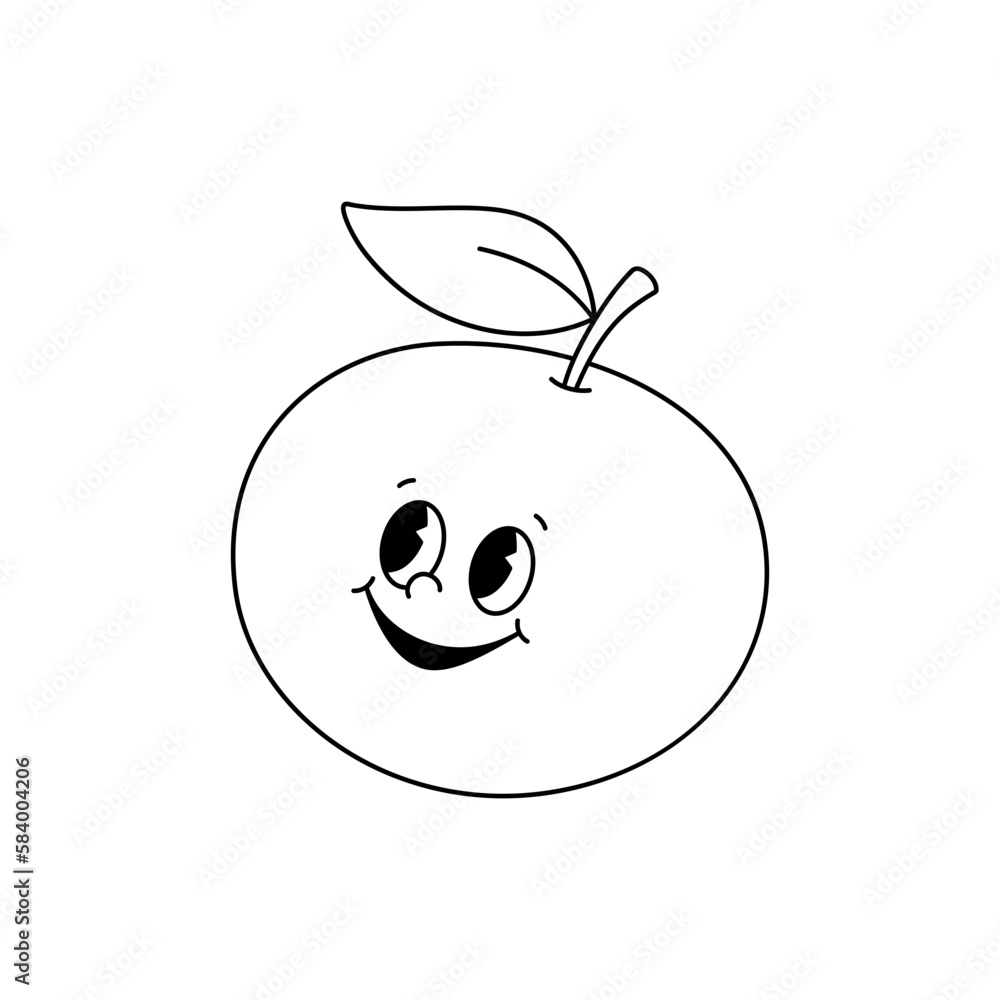 Obraz premium Vector cartoon retro mascot monochrome illustration of orange tangerine. Vintage style 30s, 40s, 50s old animation. The clipart is isolated on a white background.