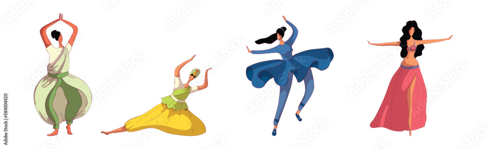 Young Woman Performing Different Folk Dances Moving Gracefully Vector Set