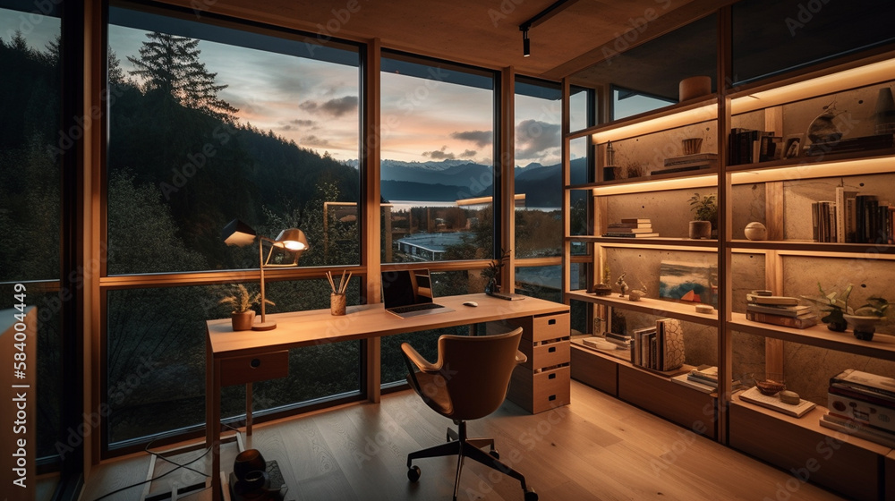 luxury home office with large windows and beautiful sunset views