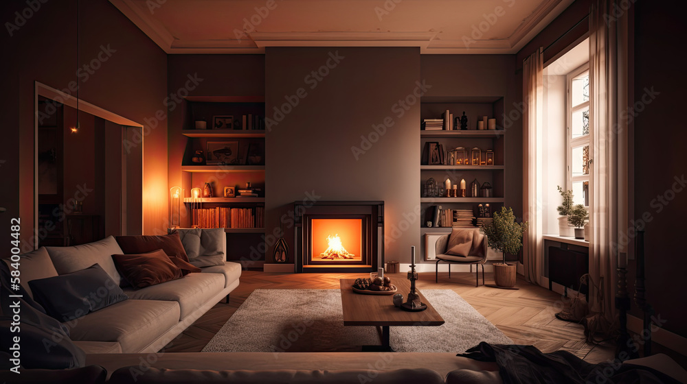 custom made wallpaper toronto digitalWarm and cozy living room interior design with fireplace, gray walls, table, and sofa. Free copy space. Generative AI