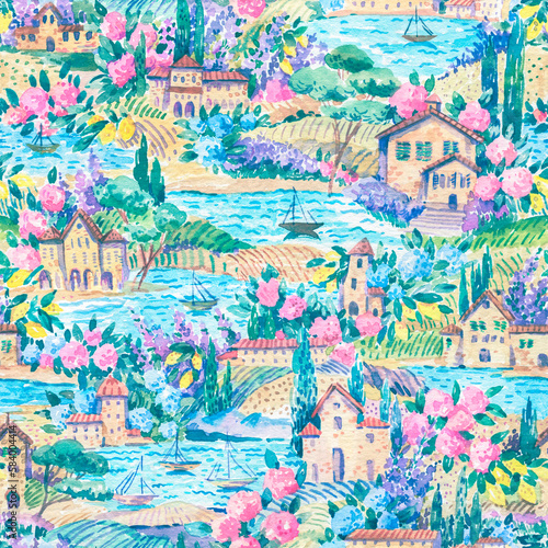 Watercolor Italian summer landscape seamless pattern