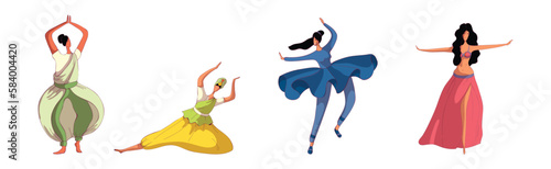 Young Woman Performing Different Folk Dances Moving Gracefully Vector Set