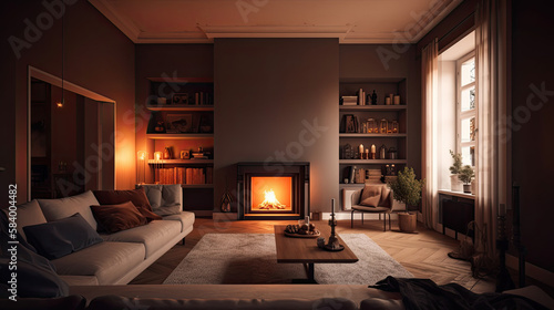 Wallpaper Mural Warm and cozy living room interior design with fireplace, gray walls, table, and sofa. Free copy space. Generative AI Torontodigital.ca