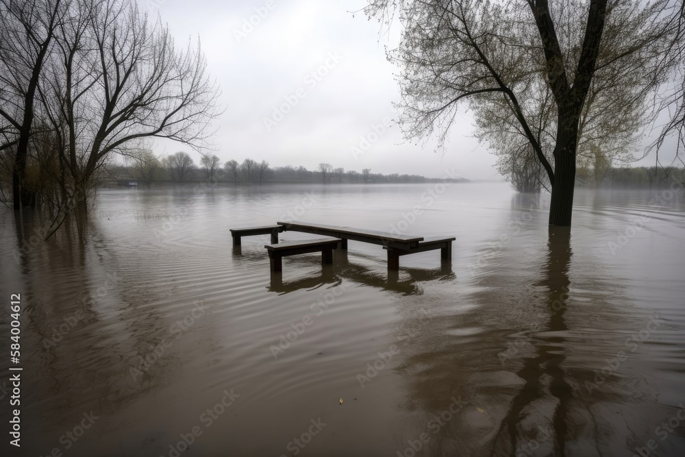 Flood in the park with a bench. Generative AI