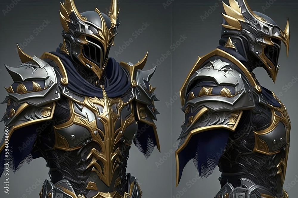 Fantasy Knight Armor With Gold Trim. Generative AI Stock Illustration