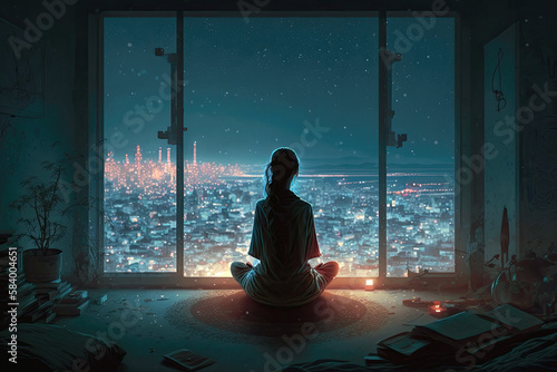 A Woman Meditates Near A Panoramic Window Overlooking . Generative AI