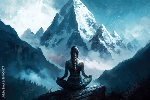 A Woman Meditating Against A Mountain Backdrop . Generative AI
