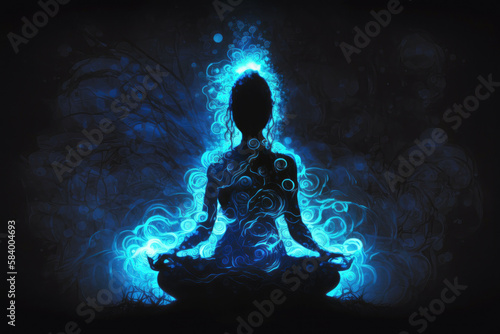 Silhouette Of A Meditating Woman With Blue Lights. Generative AI