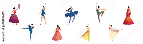 Young Woman Performing Different Folk Dances Moving Gracefully Vector Set