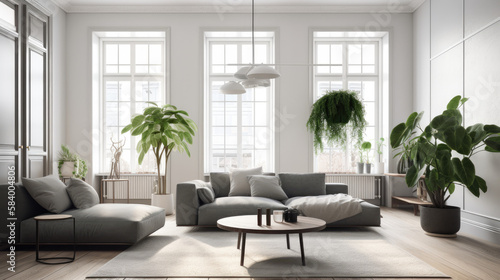 Modern living room with furniture. Premium design with high ceiling  tall plants  large windows  gray walls  and table. Generative AI 