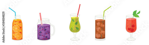 Fresh Refreshing Summer Cocktails with Ice Cubes and Fruits and Berries in Glass with Straw Vector Set