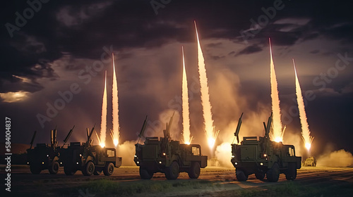 Military vehicles launching rockets at the enemy. Warfare and war photo. Generative AI photo