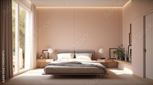 Clean warm cozy luxury apartment comfortable bedroom suite with large window. Bedroom interior design. Generative AI