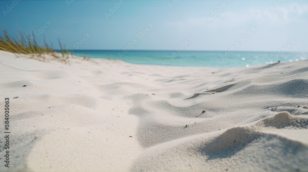 Tropical beach with sand dunes and ocean on the horizon. Generative AI
