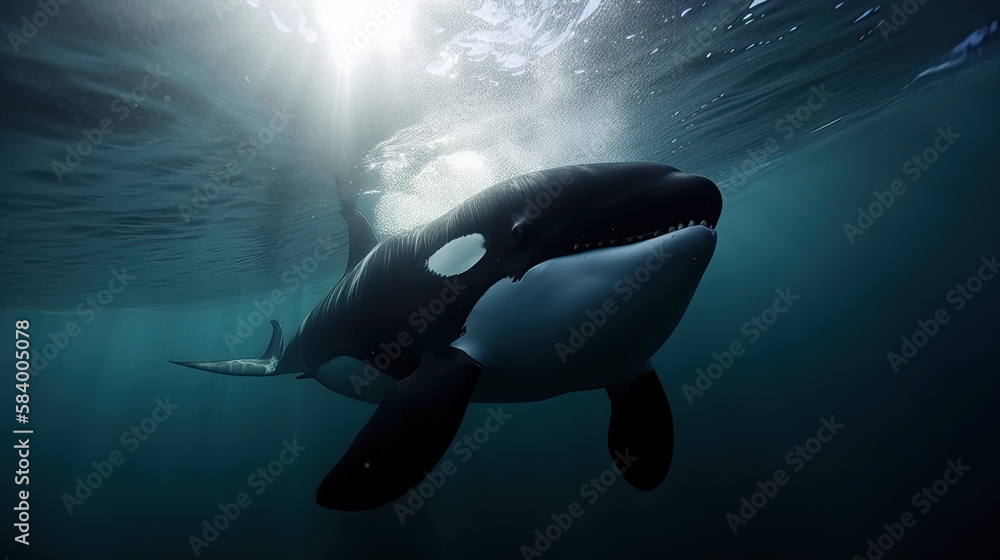 Obraz premium Orca kasatka underwater in the deep ocean. Generative AI