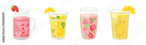 Fresh Refreshing Summer Cocktails with Ice Cubes and Fruits and Berries in Glass and Jar Vector Set