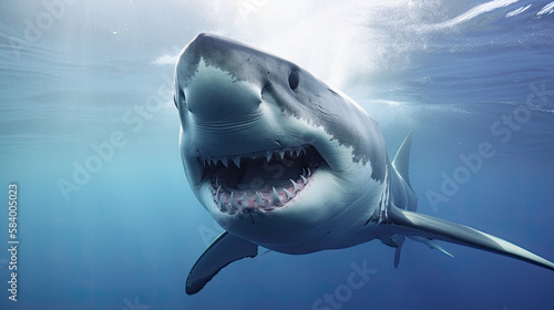 Great white shark underwater in the deep ocean. Generative AI