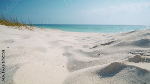 Tropical beach with sand dunes and ocean on the horizon. Generative AI